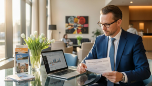 Der Hoteldirektor überprüft im Büro die digitale Sichtbarkeit des Hauses.