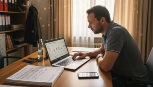 Ein Hoteldirektor wirft im Büro einen prüfenden Blick auf die aktuellen Geschäftszahlen.