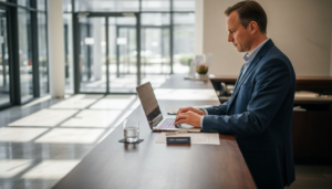 Der Hotelmanager sitzt an der Rezeption und erledigt seine Arbeit am Laptop.