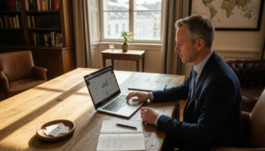 Ein Hotelmanager analysiert am Laptop aktuelle Benchmark-Daten, um die Leistung seines Hauses zu bewerten.