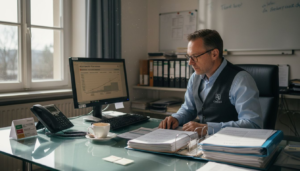 Ein Hoteldirektor prüft am Schreibtisch die aktuellen Sichtbarkeitsdaten aus der KI-Auswertung.