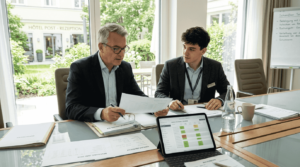 Der Hoteldirektor stellt im Meetingraum die Ergebnisse des KI-Audits vor und diskutiert deren Auswirkungen mit seinem Team.