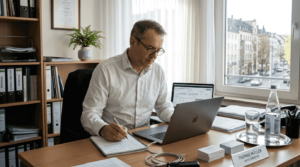 Ein Hotelmanager analysiert die Auswertungen der KI-gestützten Buchungsstatistiken.