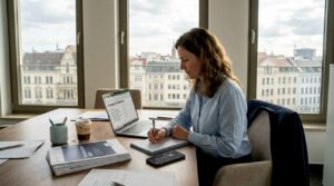 Eine Strategin überprüft im Büro eine digitale Checkliste.