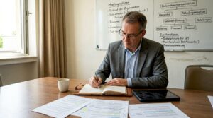 Der Hotelmanager macht sich während der Teambesprechung im Konferenzraum Notizen.