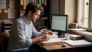 Der Hotelmanager sitzt an seinem vollgepackten Schreibtisch und verschafft sich einen Überblick über die aktuellen Reservierungen.