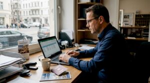 Der Hotelmanager erledigt seine Arbeit am Laptop in seinem Büro.