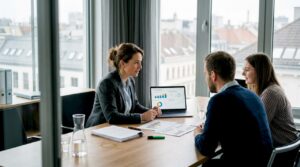 Besprechung des Hotelteams mit Auswertung der aktuellen Kennzahlen am Laptop