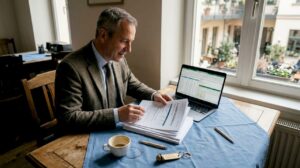 Ein Hoteldirektor wirft am Schreibtisch einen prüfenden Blick auf die aktuellen KI-Analysen.