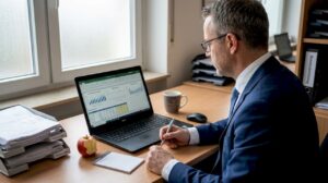 Ein Hoteldirektor prüft die Leistungsfähigkeit seiner KI-Anwendungen am Laptop.