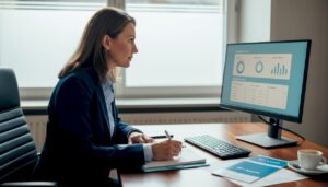 Ein Hoteldirektor analysiert die Kennzahlen der digitalen Arbeitsumgebung.