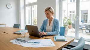 Eine Hotelmanagerin erledigt ihre Arbeit am Laptop im Besprechungsraum.