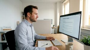 Eine Person sitzt am Schreibtisch und nutzt ein KI-basiertes Suchsystem.
