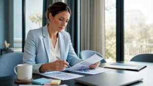 Die Hotelmanagerin prüft am Schreibtisch aktuelle Benchmark-Berichte, um die Leistung ihres Hauses zu bewerten.