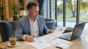 Ein Unternehmer wertet mithilfe von KI-gestützten Analysen die Wettbewerbsdaten aus der Hotelbranche aus.