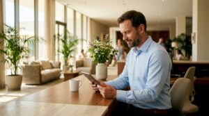 Der Hotelmanager verschafft sich am Empfang einen Überblick über die aktuellen Online-Buchungen.