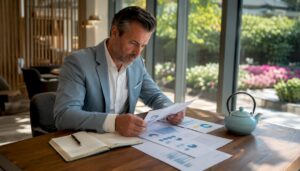 Ein Hotelmanager verschafft sich einen Überblick über die Dokumente zur Sichtbarkeit seines Hauses in KI-Systemen.