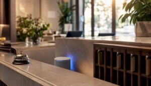 Ein KI-gestütztes Gerät steht an der Rezeption des Hotels.