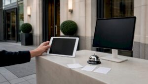 Eingangsbereich des Hotels mit moderner KI-basierten Überwachung und digitaler Prüftechnik
