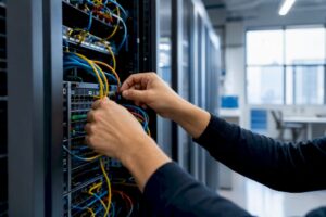 Entwicklerhände, die Serverkabel anschließen, Nahaufnahme