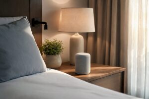 Intelligenter Lautsprecher in der Ecke des Hotelzimmers